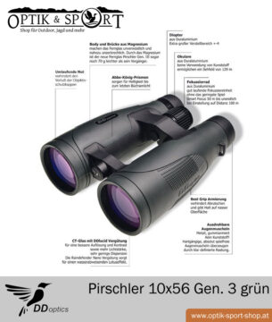 DDoptics Jumelles 10x56 Pirschler Gen. 3 - vert Set 5 Jumelles DDoptics Pirschler 10x56 grün Gen 3 Description détaillée