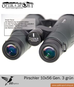 Prismáticos DDoptics Pirschler 10x56 verde Gen 3 detalle frontal