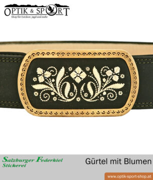Leather belt with quill embroidery floral motif detail belt buckle