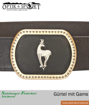 Ceinture en cuir avec broderie de plumes d'oie Motif chamois Détail boucle de ceinture