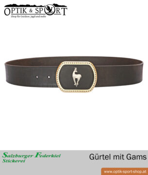 Ledergürtel mit Federkielstickerei Gams Motiv