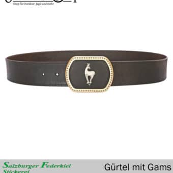 Ledergürtel mit Federkielstickerei Gams Motiv