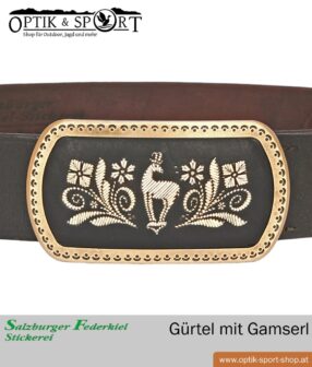 Ledergürtel mit Federkielstickerei Gams Motiv Detail Gürtelschließe