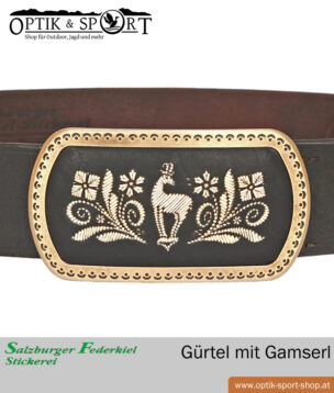 Ceinture en cuir avec broderie de plumes d'oie Motif chamois Détail boucle de ceinture