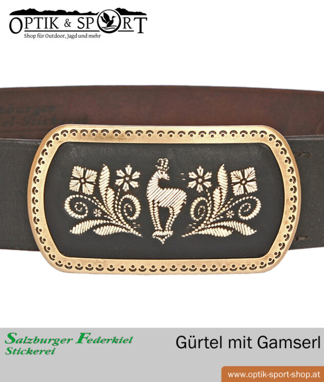 Ceinture en cuir avec broderie de plumes d'oie Motif chamois Détail boucle de ceinture