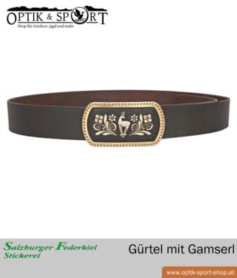 Ledergürtel mit Federkielstickerei Gams Motiv