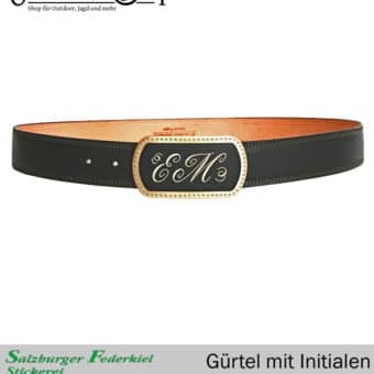 Leather belt with quill embroidery monogram motif