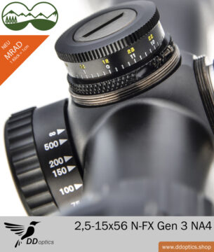 Zielfernrohr 2,5-15x56 NFX von DDoptics | V6 | A4N | MRAD Verstellung - Gen 3 9 DDoptics ZF 2,5-15x56-N-FX 1 cm Klickverstellung