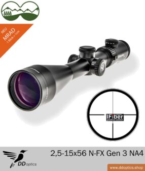 Luneta celownicza DDoptics 2,5-15x56 N-FX Gen 3 z podświetlaną kropką iFibre, regulacja kliknięciem 1 cm