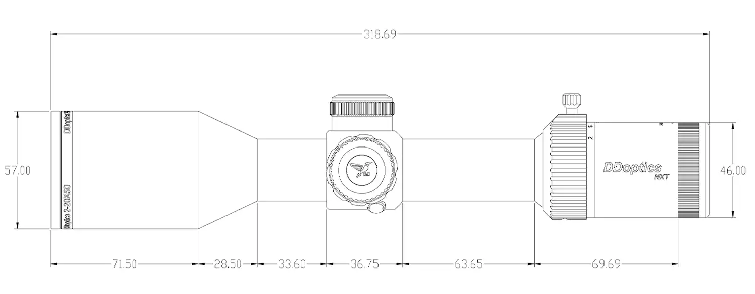DDoptics Zielfernrohr V10 2-20x50 NXT MRAD | A4N Absehen 11 Technische Maßzeichnung-DDoptics Zielfernrohr NXT 2-20x50