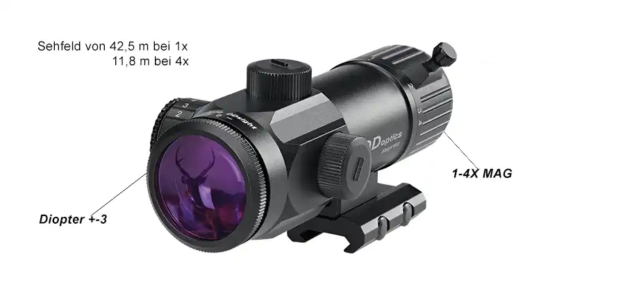 DDsight MAG 1-4x22 RedDot Visier von DDoptics | Réticule tactique | Réglage automatique du point lumineux IPoint 14 DDsight MAG 1-4x22 RedDot Visier DDoptics Description