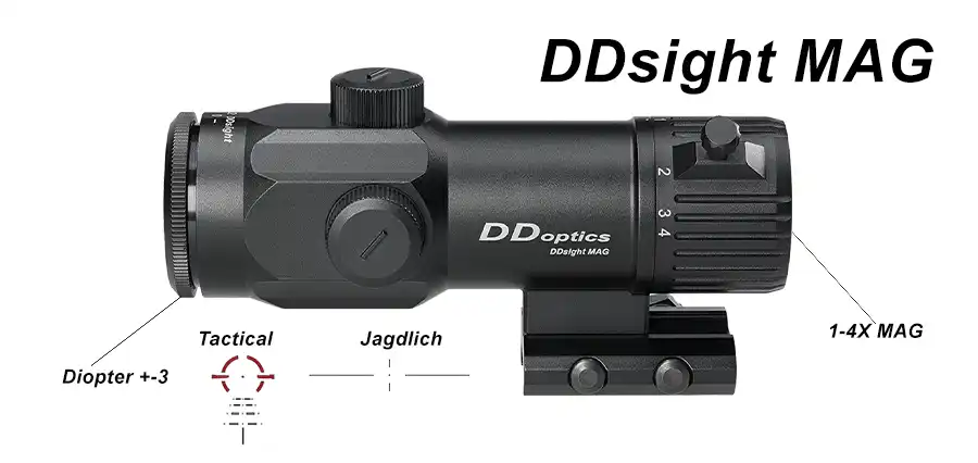 DDsight MAG 1-4x22 RedDot Visier von DDoptics | Réticule tactique | Réglage automatique du point lumineux IPoint 15 DDsight MAG 1-4x22 RedDot Visier DDoptics Description
